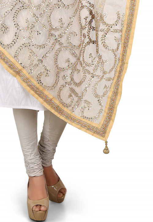 Embroidered Pure Kota Tissue Dupatta in Beige