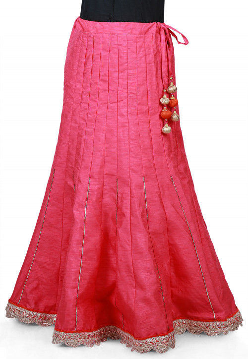 Scallop Border Bhagalpuri Silk Long Skirt in Pink