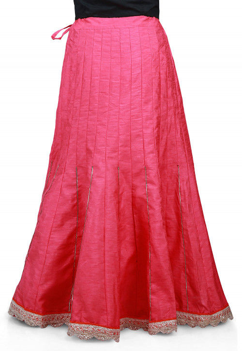 Scallop Border Bhagalpuri Silk Long Skirt in Pink