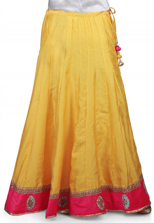 Embroidered Patch Border Dupion Silk Long Skirt in Yellow