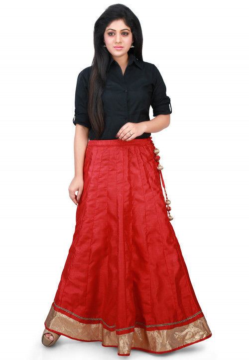 Buy Contrast Patch Border Bhagalpuri Silk Long Skirt in Red Online ...