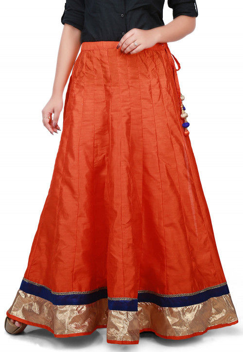Contrast Patch Border Bhagalpuri Silk Long Skirt in Orange