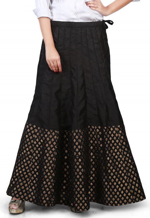 Woven Bhagalpuri Silk Long Skirt in Black