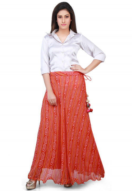 Orange & Green Cotton Bandhej  Skirts main image 0