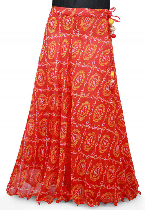 Bandhej Georgette Long Skirt in Red