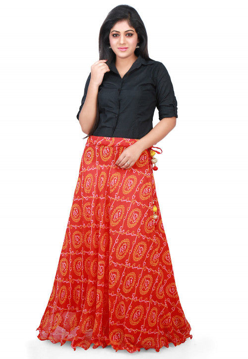 Bandhej Georgette Long Skirt in Red