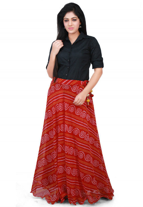 Buy Bandhej Georgette Long Skirt in Red Online : BNJ235 - Utsav Fashion