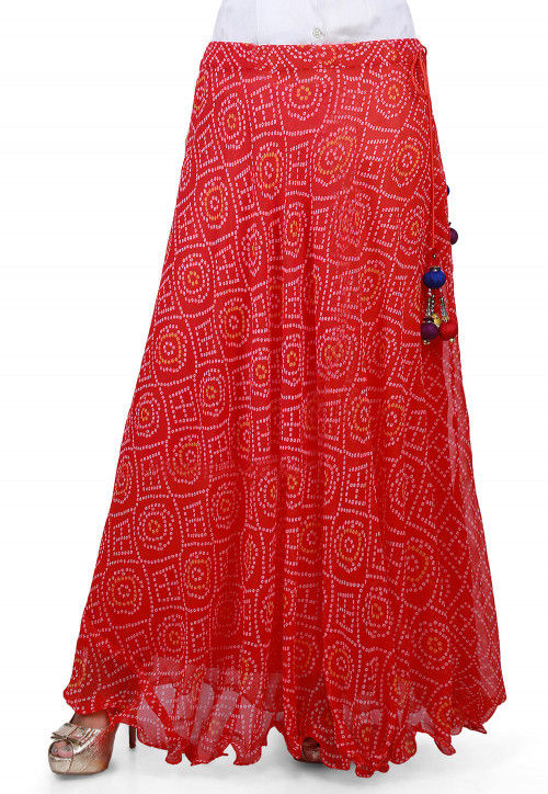 Bandhej Georgette Long Skirt in Red