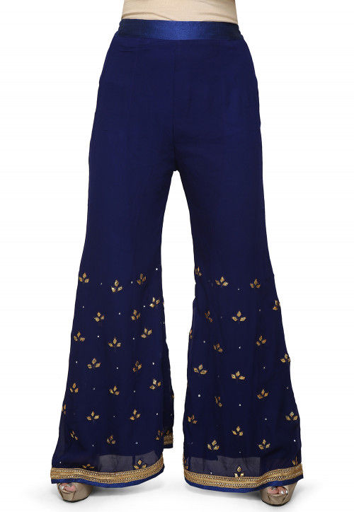 Embroidered Georgette Palazzo in Blue