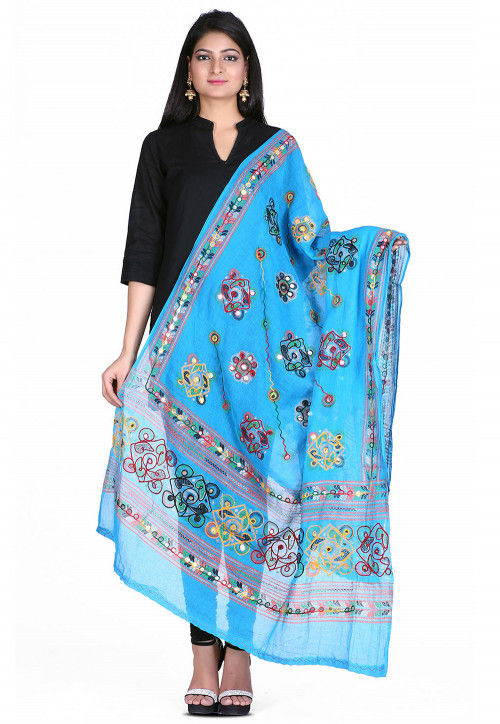 Kantha Embroidered Cotton Dupatta in Sky Blue : BRJ286