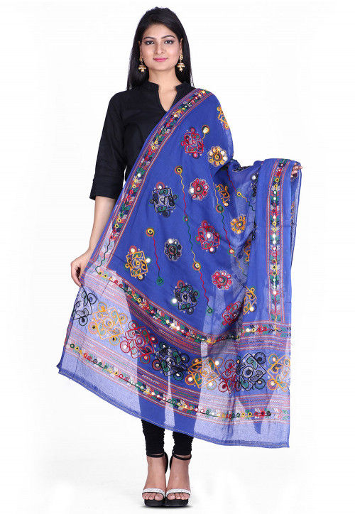 Kantha Embroidered Cotton Dupatta in Blue