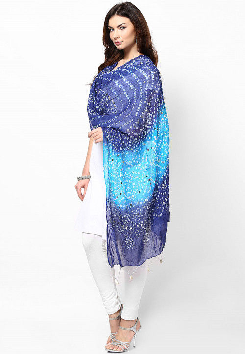 Bandhani Printed Cotton Dupatta in Blue and Turquoise