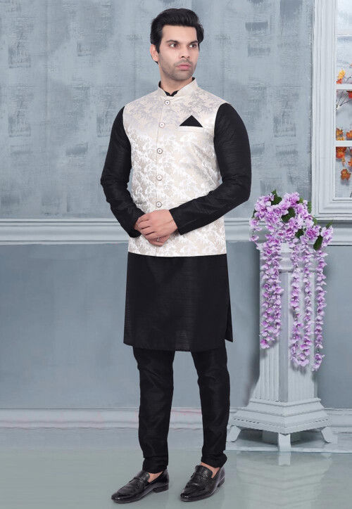 Men's Party Wear Black And White Silk Kurta Pajama And Nehru Jacket Set Age  Group: 16 Year Above at Best Price in Kolkata | M & M Collection