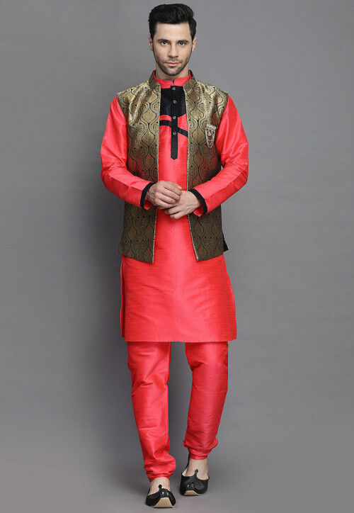 Brocade Art Silk Kurta Jacket Set in Coral Red and Black
