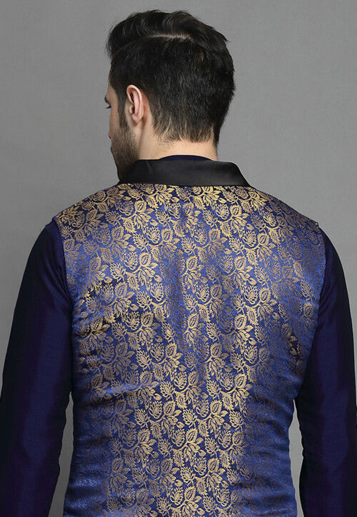 Brocade Art Silk Kurta Jacket Set in Navy Blue