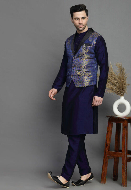 Brocade Art Silk Kurta Jacket Set in Navy Blue