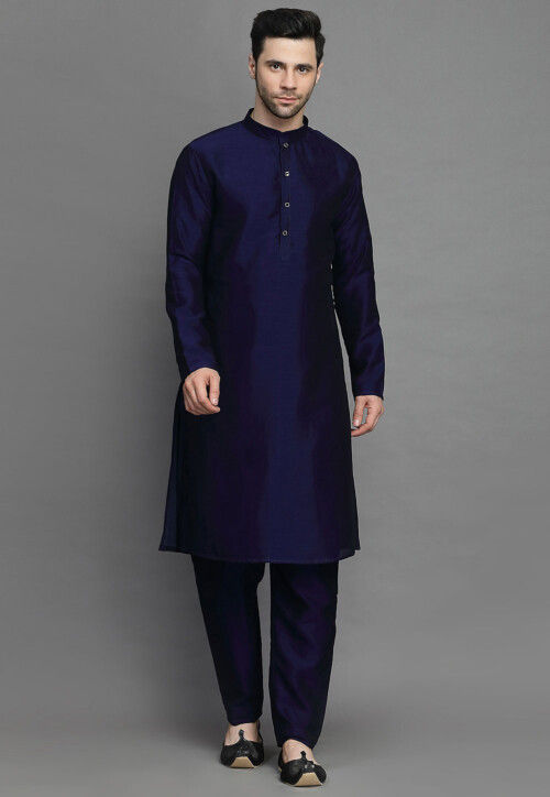 Brocade Art Silk Kurta Jacket Set in Navy Blue