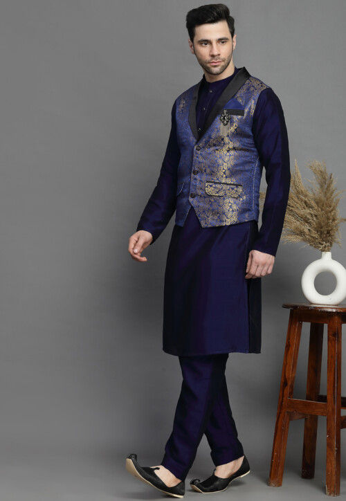 Brocade Art Silk Kurta Jacket Set in Navy Blue