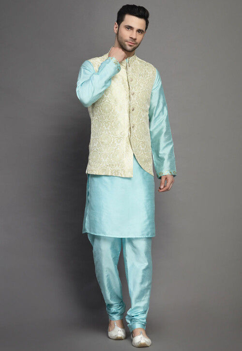 Brocade Art Silk Kurta Jacket Set in Sky Blue