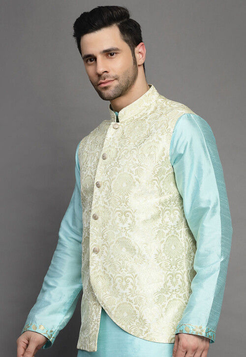 Brocade Art Silk Kurta Jacket Set in Sky Blue