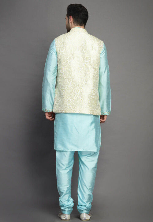 Brocade Art Silk Kurta Jacket Set in Sky Blue