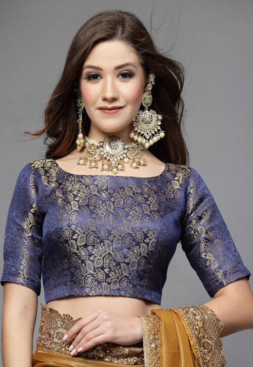 Brocade Back Cut Out Blouse in Blue