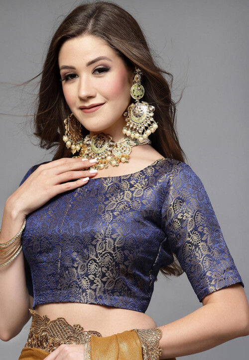 Brocade Back Cut Out Blouse in Blue