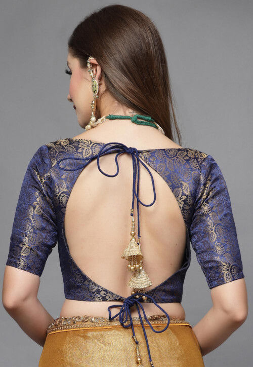 Brocade Back Cut Out Blouse in Blue