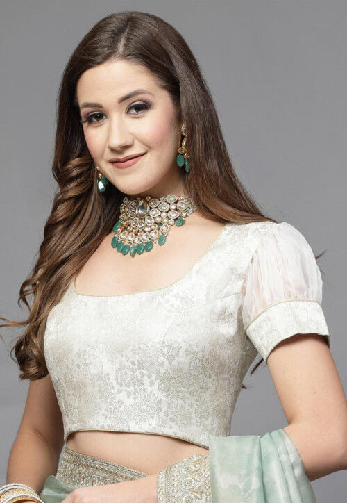 Brocade Back Tie Up Blouse in Off White