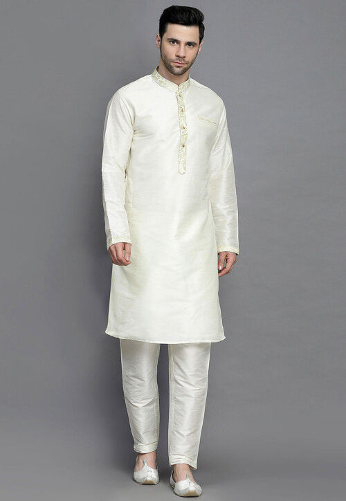 Brocade Collar Art Silk Kurta Set in Cream