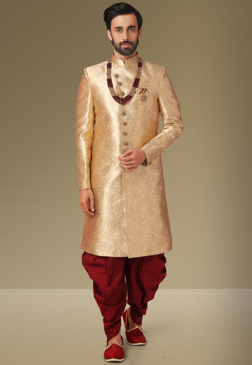 Brocade Dhoti Sherwani in Golden