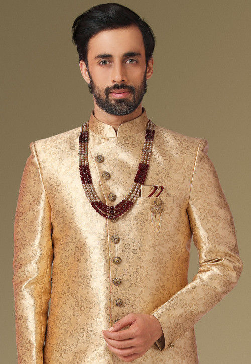 Brocade Dhoti Sherwani in Golden