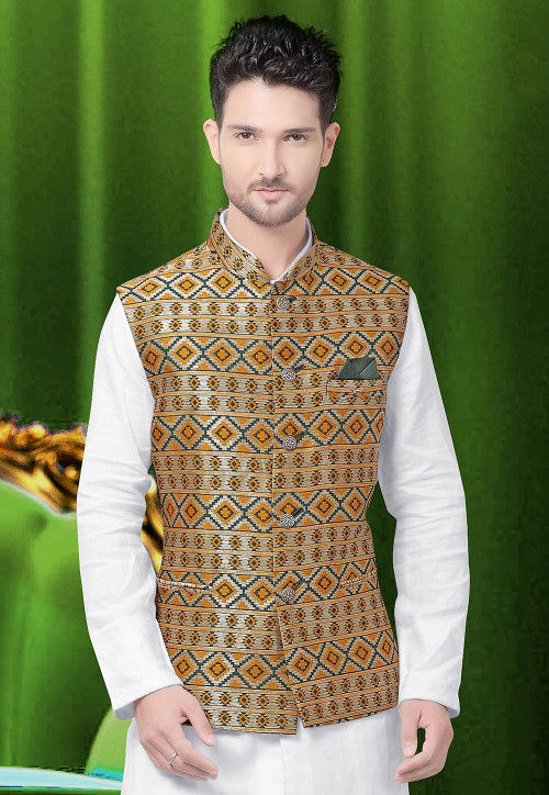 Sleeveless Brocade Short Jacket/Sadri For Ladies - Brown