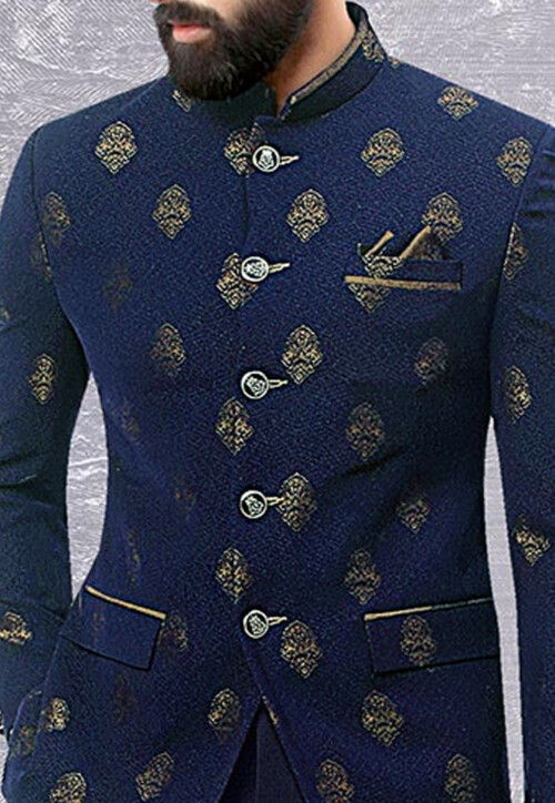 Brocade Jodhpuri Suit in Navy Blue