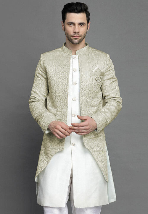 Brocade Layered Sherwani in Light Beige