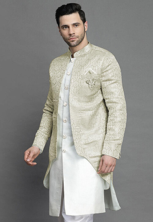 Brocade Layered Sherwani in Light Beige