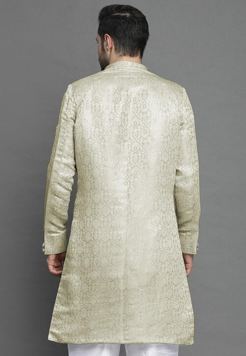 Brocade Layered Sherwani in Light Beige