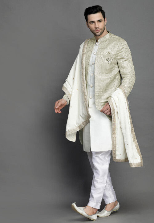 Brocade Layered Sherwani in Light Beige