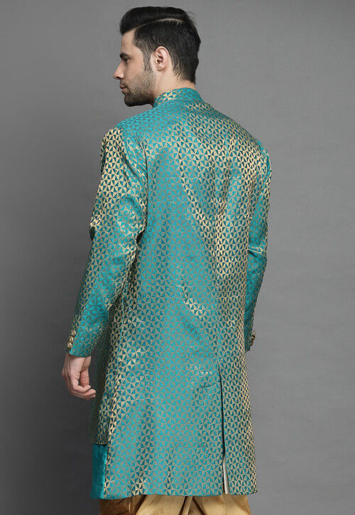 Brocade Layered Sherwani in Teal Blue