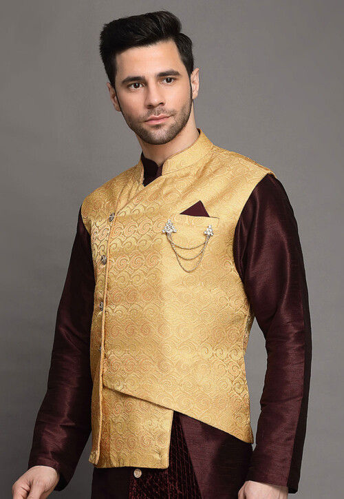 Brocade Nehru Jacket in Beige