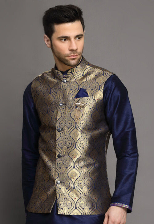 Brocade Nehru Jacket in Navy Blue