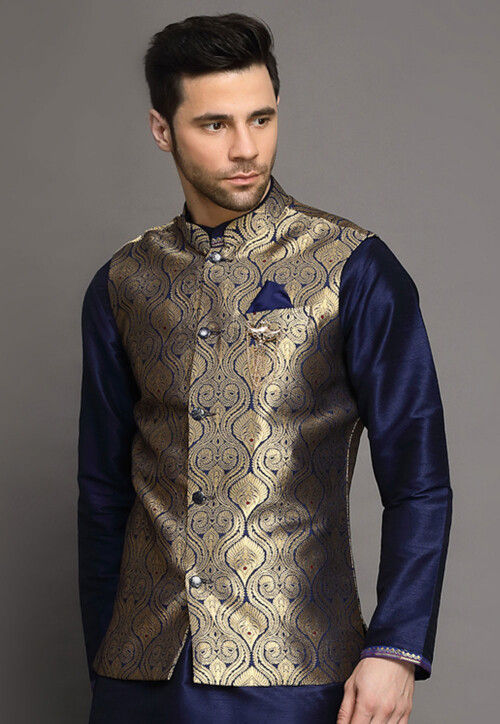 Brocade Nehru Jacket in Navy Blue