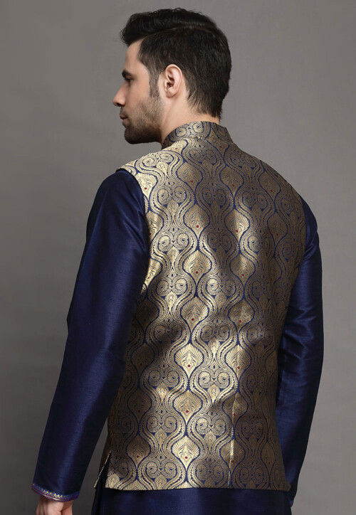 Brocade Nehru Jacket in Navy Blue