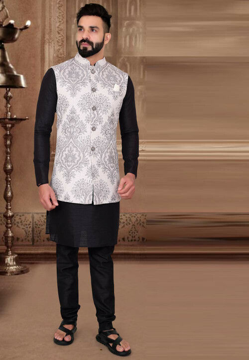 Brocade Nehru Jacket in Off White : MHG2062