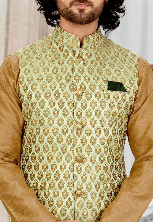 Dark Green - Brocade Silk Banarasi Nehru Jacket 04