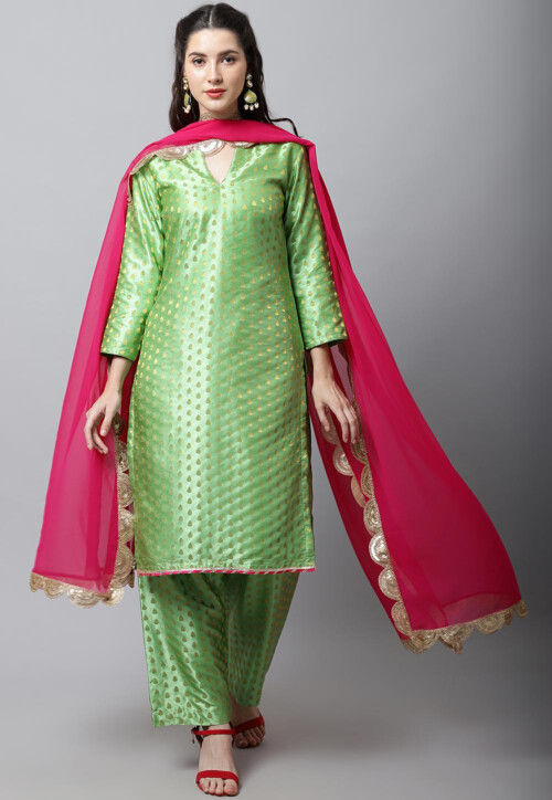 Buy Parrot Green Designer Party Wear Pure Cotton Palazzo Salwar Suit |  Palazzo Salwar Suits