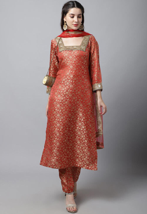 brocade pakistani suit in red v1 knv378