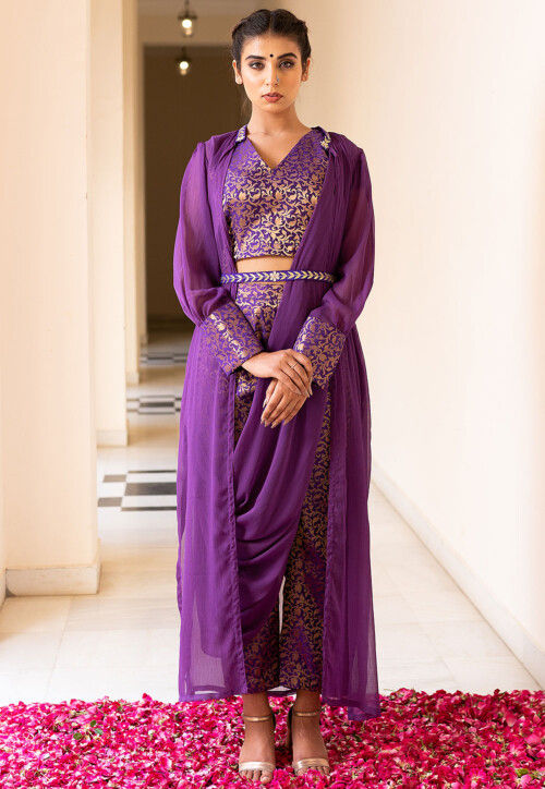 Brocade Pure Brocade Silk Crop Top Set in Purple