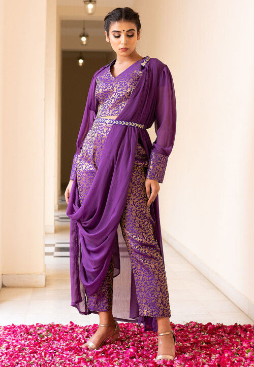 Brocade Pure Brocade Silk Crop Top Set in Purple