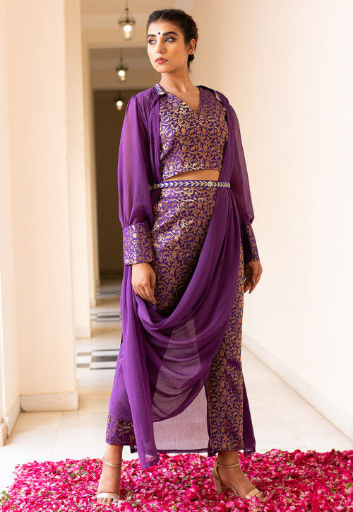 Brocade Pure Brocade Silk Crop Top Set in Purple
